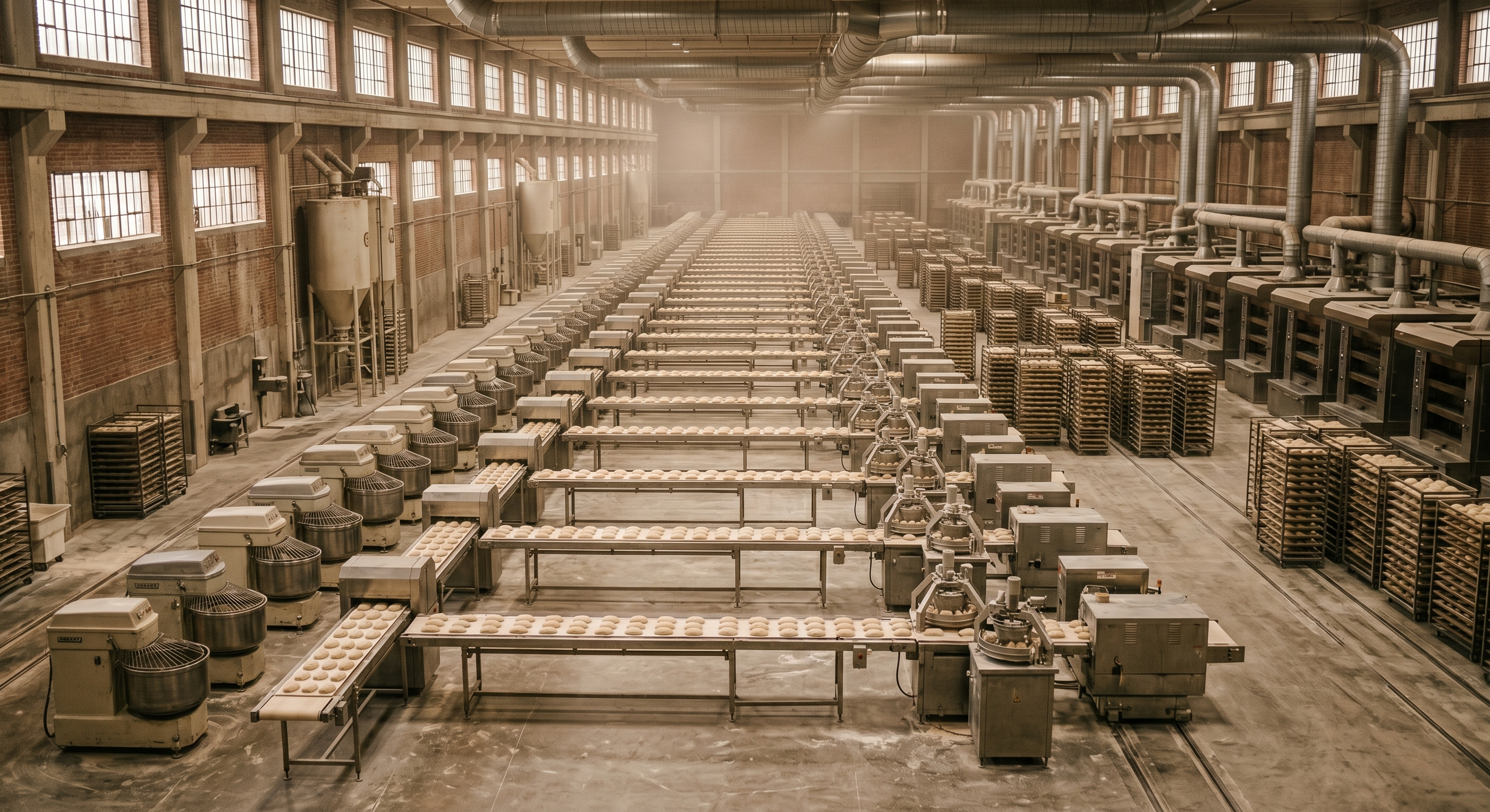 A mixed-mode food production plant with spiral batch mixers, discrete conveyor lines, and racked proofing — discrete, process, and lean under one roof.