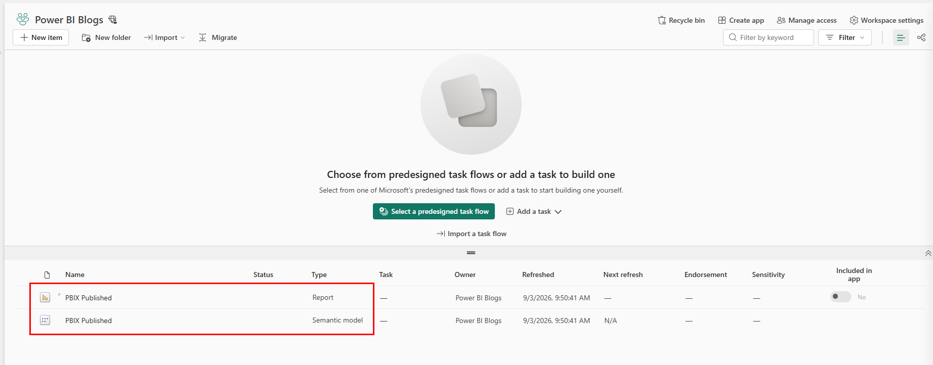 Power BI workspace item list showing two entries both named PBIX Published: one with Type "Report" and one with Type "Semantic model", highlighted with a red box.