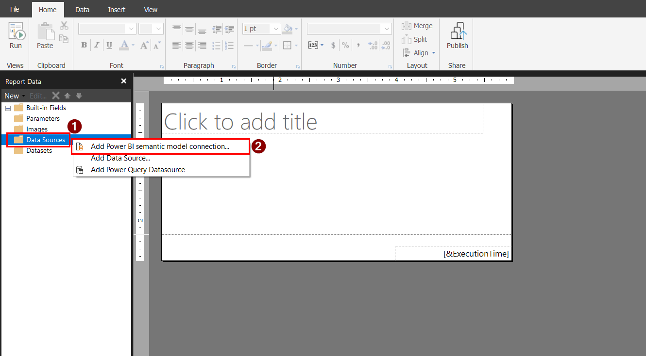 Power BI Report Builder with the Report Data pane open. Data Sources is right-clicked and the context menu shows Add Power BI semantic model connection highlighted.