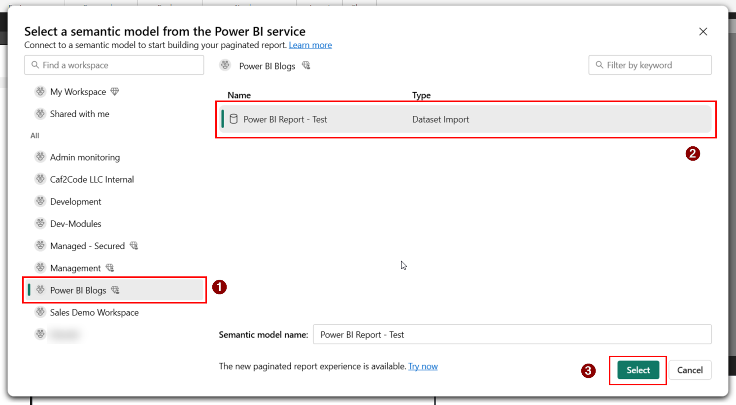 The "Select a semantic model from the Power BI service" dialog, with a workspace chosen in the left list, a semantic model selected in the right pane, and the Select button highlighted.