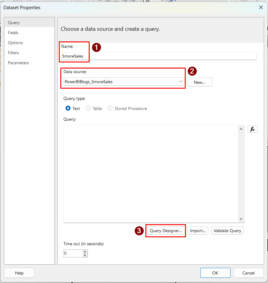 The Dataset Properties dialog in Report Builder, with the dataset Name set to SmoreSales, the Data source set to PowerBIBlogs_SmoreSales, and the Query Designer button highlighted.