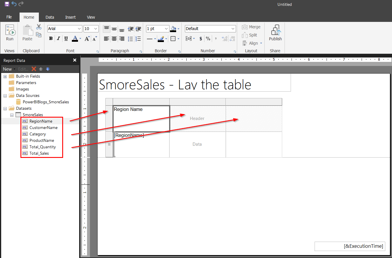 Report Builder design surface with a three-column table placeholder. Red arrows show fields being dragged from the dataset field list on the left into the table's Header and Data cells.