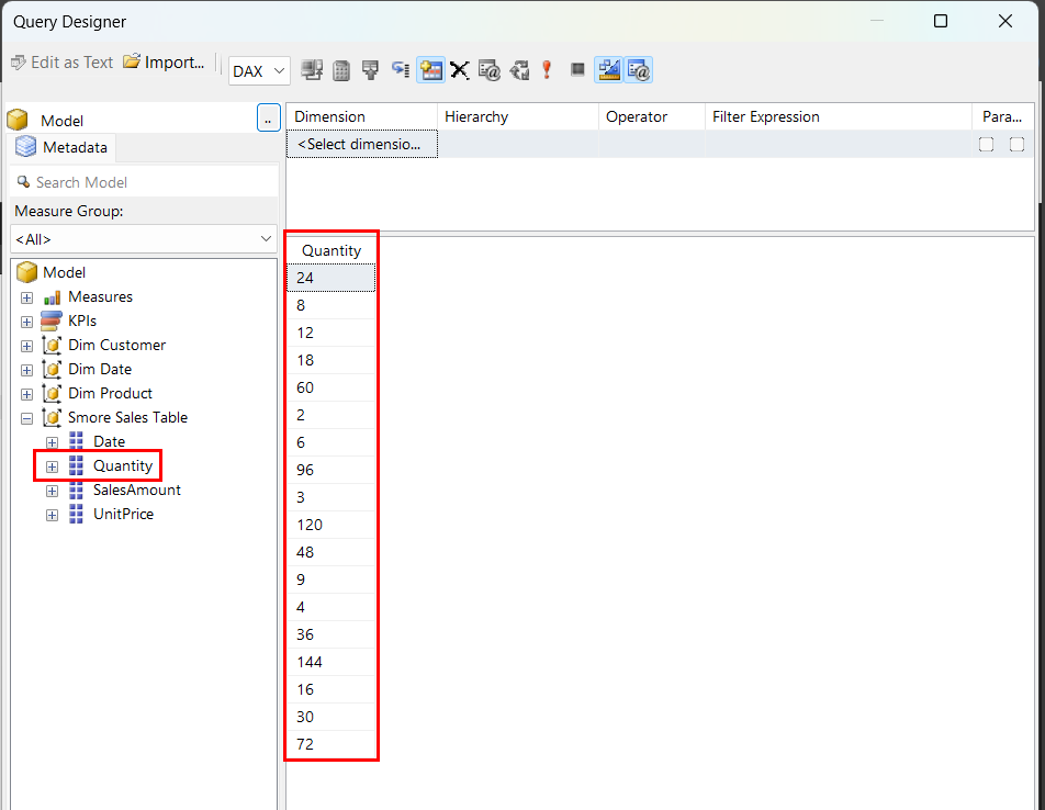 Report Builder Query Designer results showing a single Quantity column with 18 distinct values listed: 24, 8, 12, 18, 60, 2, 6, 96, 3, 120, 48, 9, 4, 36, 144, 16, 30, 72.