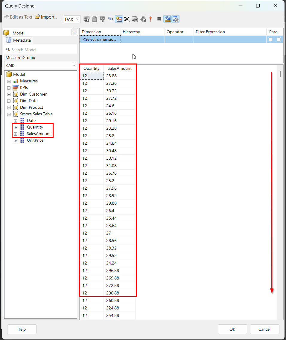 Query Designer results showing two columns, Quantity and SalesAmount, with many rows all having Quantity 12 and different SalesAmount values, and a long red arrow indicating a very large scrollbar.