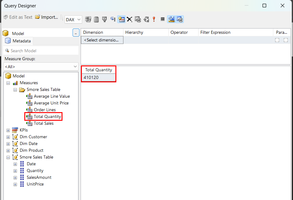 Query Designer showing the Total Quantity measure selected in the field list under Measures, and a single result row reading 410120.