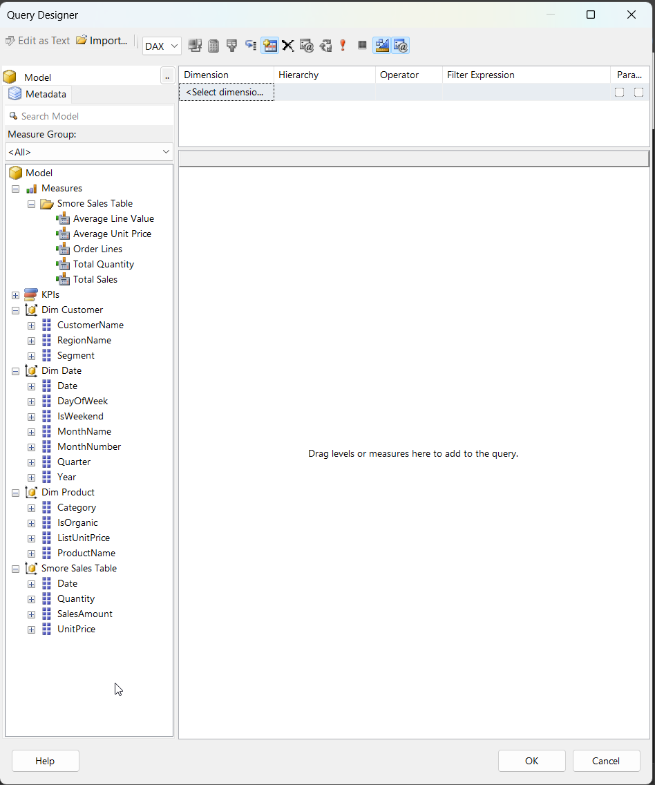 An empty Report Builder Query Designer with the model field list expanded on the left showing Measures, KPIs, Dim Customer, Dim Date, Dim Product and Smore Sales Table, and an empty query area reading "Drag levels or measures here to add to the query."