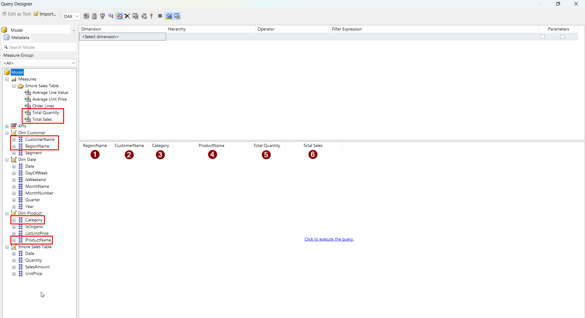 Report Builder Query Designer with six fields dragged across and numbered one to six: RegionName, CustomerName, Category, ProductName, Total Quantity and Total Sales. The source fields are highlighted in the model tree on the left.