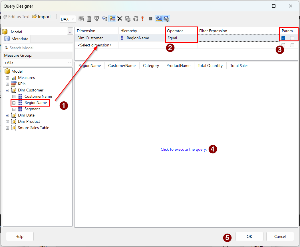 Report Builder Query Designer with RegionName dragged into the top filter strip, the Operator column set to Equal, the Parameters checkbox ticked, and the execute query link highlighted. Steps are numbered one to five.