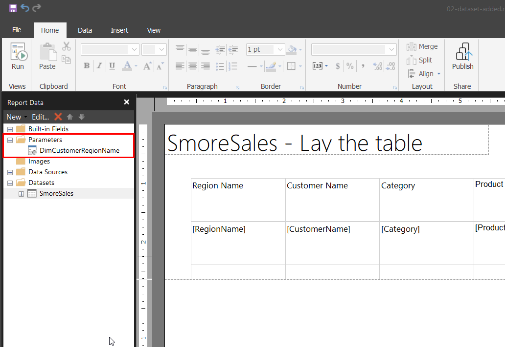 Report Builder's Report Data pane with the Parameters folder expanded, showing a new parameter named DimCustomerRegionName highlighted in red, alongside the SmoreSales dataset.