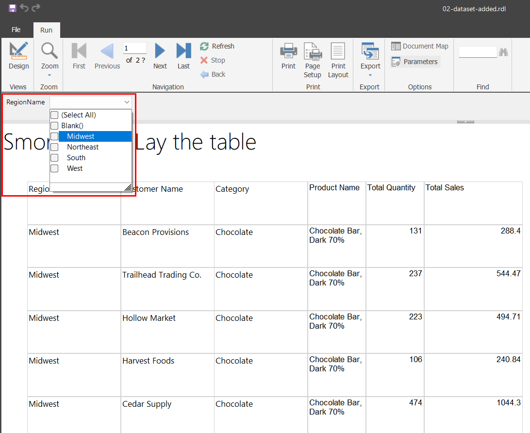 Report Builder preview with a RegionName parameter dropdown open at the top, showing Select All, Blank, Midwest, Northeast, South and West, with Midwest highlighted. The report below shows Midwest rows only.