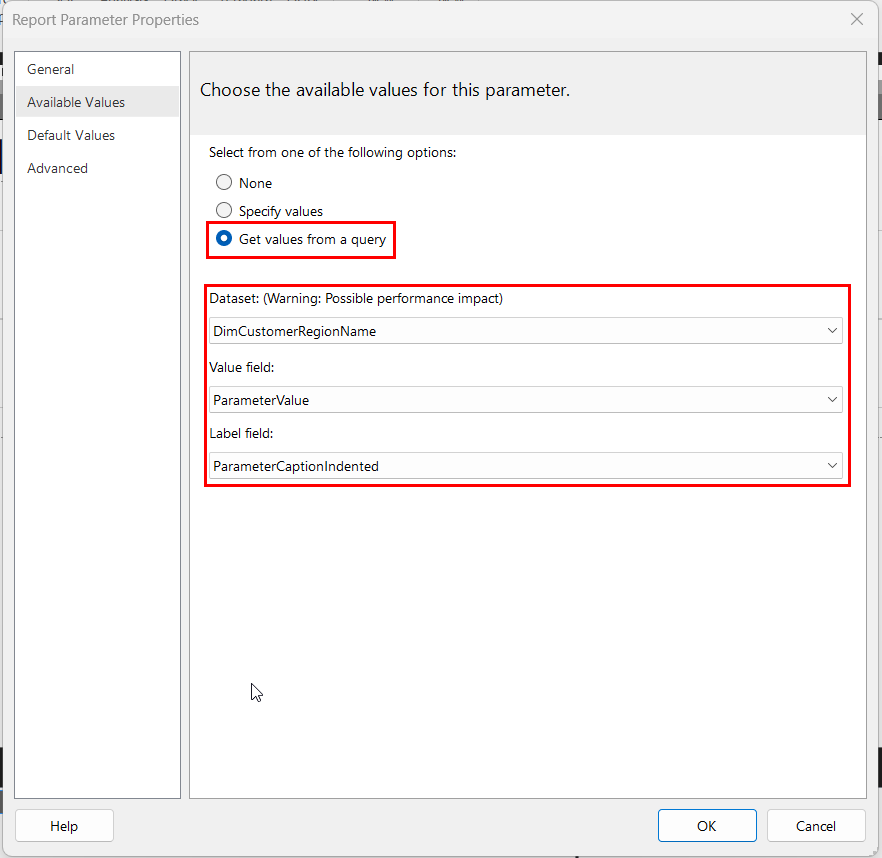 The Report Parameter Properties dialog on the Available Values tab with "Get values from a query" selected, and the Dataset, Value field and Label field dropdowns populated and highlighted.