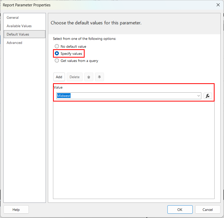The Report Parameter Properties dialog on the Default Values tab with "Specify values" selected and a single value of Midwest entered, highlighted in red.