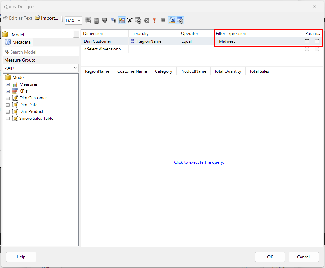 Report Builder Query Designer with RegionName in the filter strip, operator Equal, Filter Expression set to { Midwest }, and the Parameters checkbox left unticked, highlighted in red.