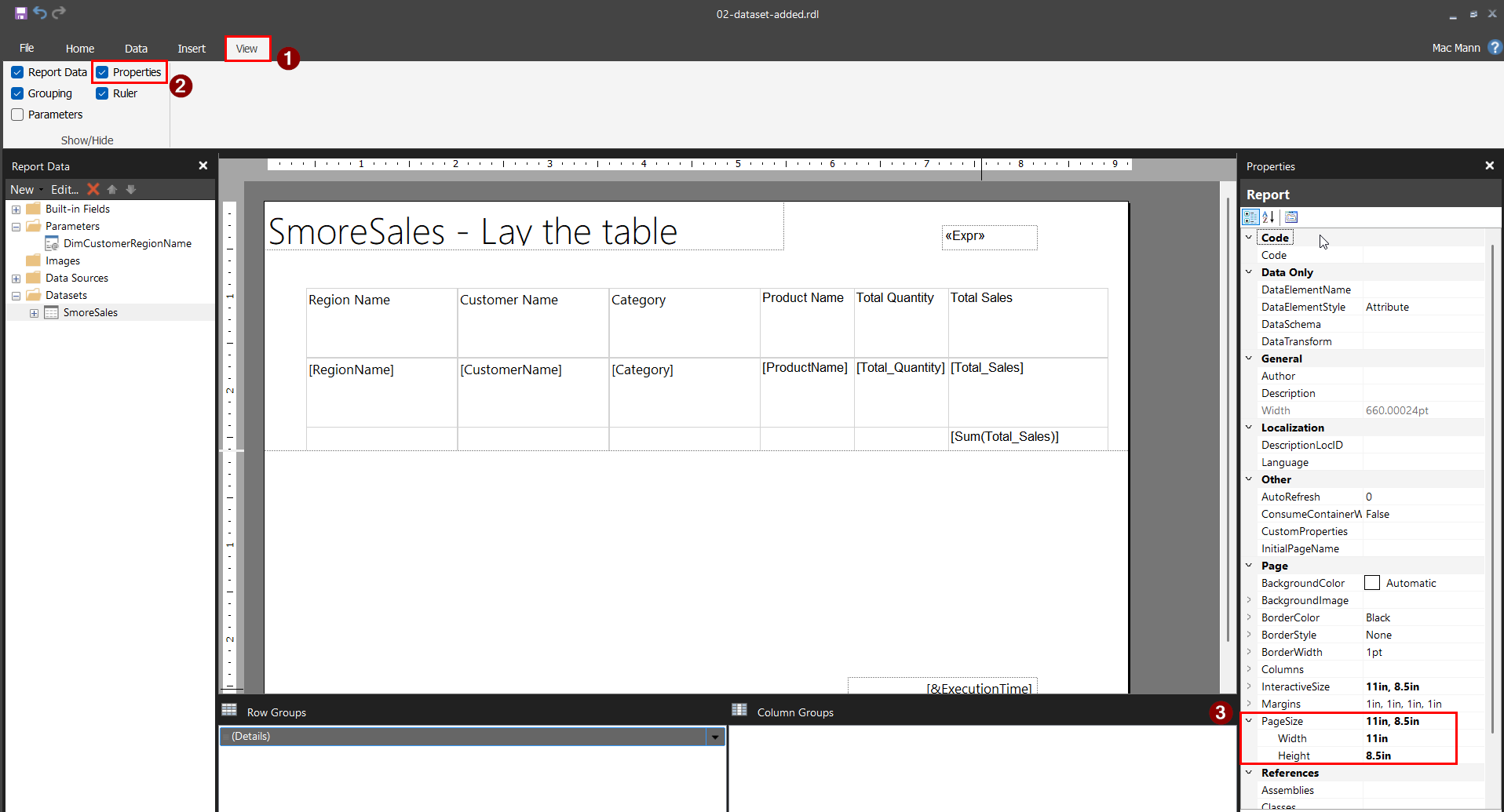 Report Builder with the View tab open, Report Data and Properties checkboxes ticked, and the Properties pane on the right showing the Report object's PageSize set to 11in by 8.5in, highlighted in red.
