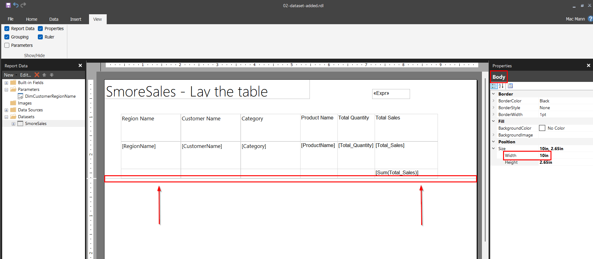 Report Builder with the Body object selected and its Properties pane showing Size 10in by 2.65in with Width highlighted. Red arrows point to the bottom edge of the body being dragged up to meet the table.