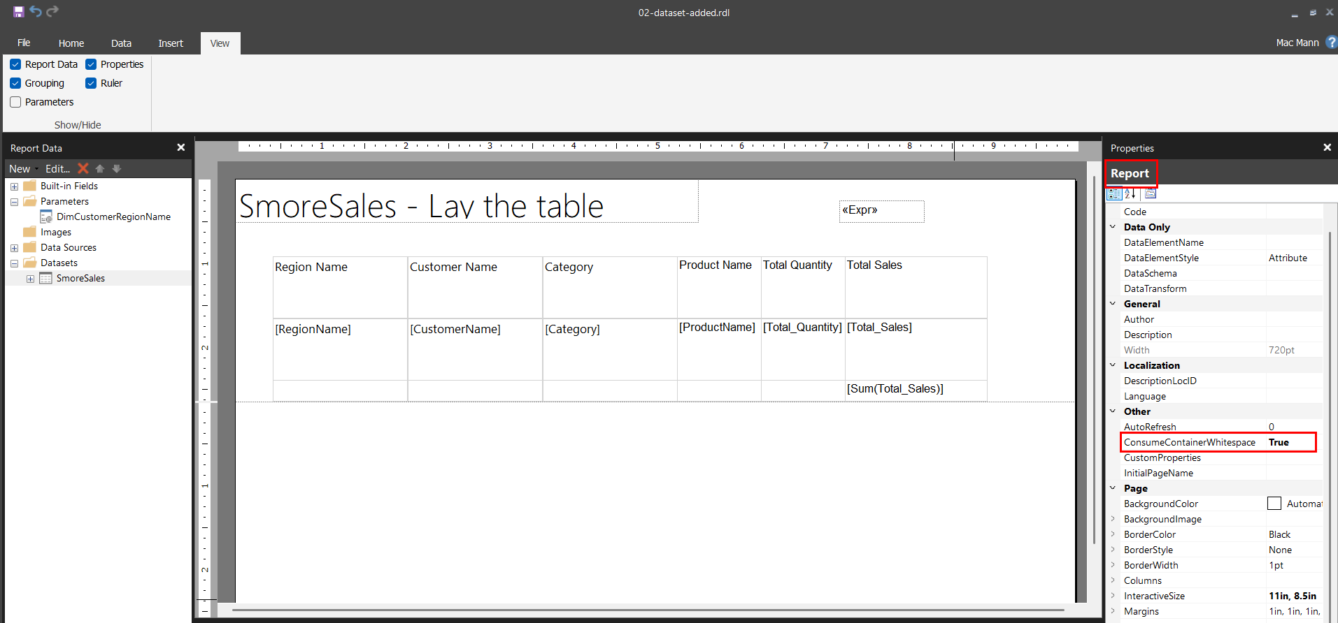 Report Builder Properties pane for the Report object, scrolled to the Other section, with ConsumeContainerWhitespace set to True and highlighted in red.