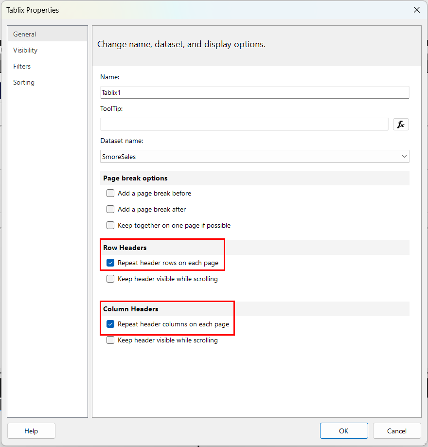 The Tablix Properties dialog on the General tab, with the Row Headers section showing "Repeat header rows on each page" ticked and the Column Headers section showing "Repeat header columns on each page" ticked, both highlighted in red.