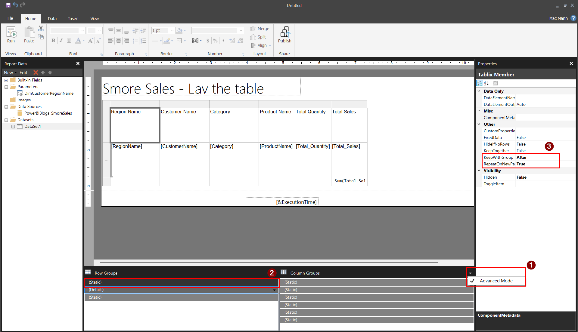 Report Builder with Advanced Mode enabled in the Grouping pane, a (Static) row group member selected in the Row Groups list, and the Properties pane showing KeepWithGroup set to After and RepeatOnNewPage set to True, highlighted in red.