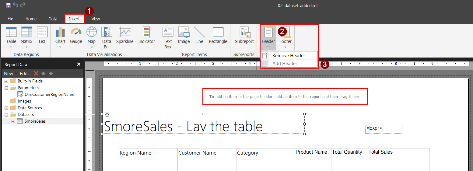 Report Builder's Insert ribbon tab with the Header button open and Add Header highlighted, and a new empty page header band on the design surface reading "To add an item to the page header: add an item to the report and then drag it here."