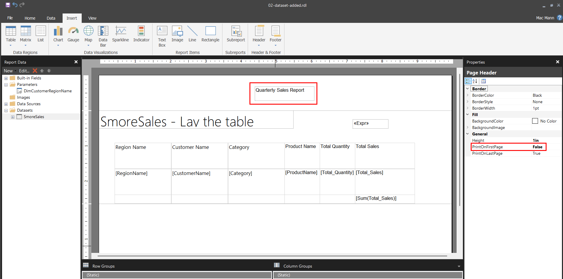 Report Builder design surface showing a page header band containing the text "Quarterly Sales Report" above the body title, with the Properties pane for Page Header showing PrintOnFirstPage set to False, highlighted in red.