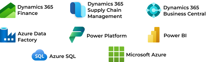list of microsoft business applications we love list of microsoft business applications we love: Dynamics 365 Finance, Dynamics 365 Supply Chain Management, Dynamics 365 Business Central, Power BI, Azure Data Factory, Power Platform, Azure SQL, Microsoft Azure